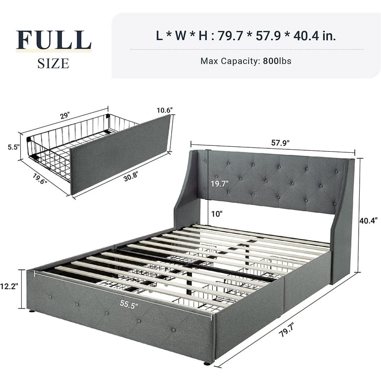 Allewie Full Size Bed Frame, 4 Storage Drawers, Button
