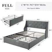 Allewie Full Size Bed Frame with 4 Storage Drawers and Button Tufted & Wingback Headboard, Light Grey