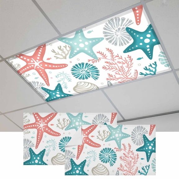 Red Teal Starfish Coastal Fluorescent Light Covers, Summer Beach Nautical Coral Sea Magnetic Light Covers for Ceiling Lights, Fluorescent Ceiling Shade for Classroom Bedroom Office 4x2Ft x 2PCS