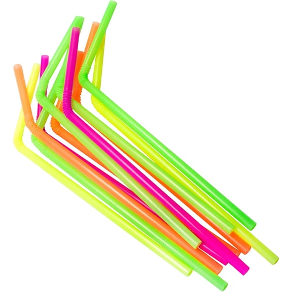 Flexible Disposable Drinking Straws, Bendable Plastic Neon Straws: 125 Count per Pack, Fun Bendy Kids Straws, Great For Summer Drinks, Crafts, Parties, And More
