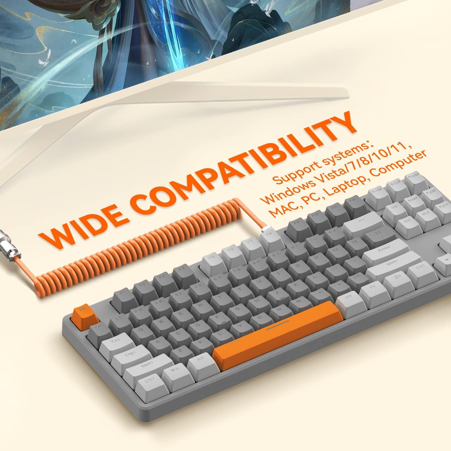AK873 Gaming Keyboard,Chroma RGB Backlit,Hot-Swappable Linear Red Switch,PBT Keycap,75% TKL Layout,Ergonomic Mechanical Keyboard with Custom Coiled USB/Type-C Aviation Cable(Orange Gray)