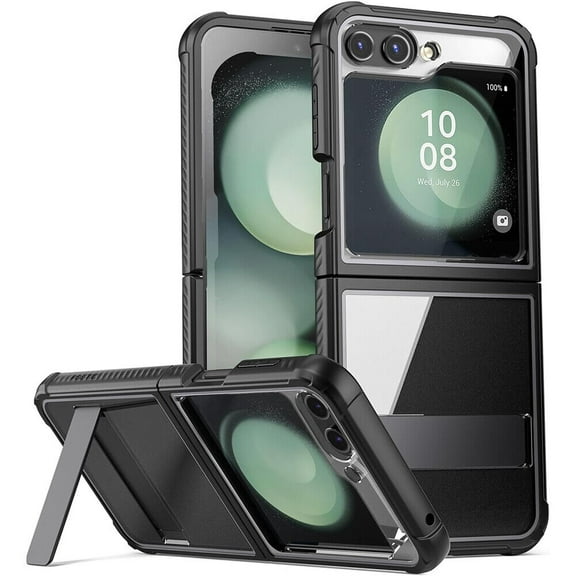 Poetic Guardian Case for Samsung Galaxy Z Flip 5 5G 6.7 Inch (2023), [Kickstand][6FT Mil-Grade Drop Tested] Full-Body Hybrid Shockproof Protective Rugged Clear Cover Case, Black/Clear