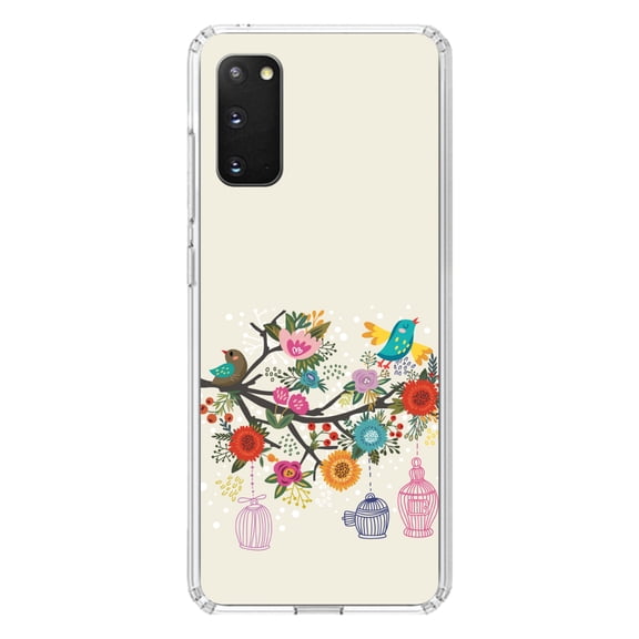 DistinctInk Clear Shockproof Hybrid Case for Galaxy S20 / S20 5G (6.2" Screen) - TPU Bumper, Acrylic Back, Tempered Glass Screen Protector - Spring Collection - Floral Birds Teal Red
