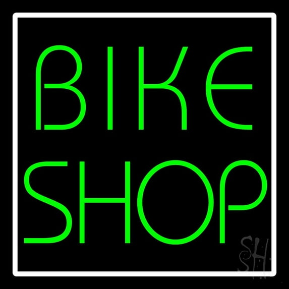 Green Bike Shop White Border LED Neon Sign 16 x 16 - inches, Clear Edge Cut Acrylic Backing, with Dimmer - Bright and Premium built indoor LED Neon Sign for automotive store, and mall.