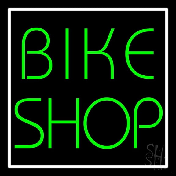 Green Bike Shop White Border LED Neon Sign 24 x 24 - inches, Clear Edge Cut Acrylic Backing, with Dimmer - Bright and Premium built indoor LED Neon Sign for automotive store, and mall.