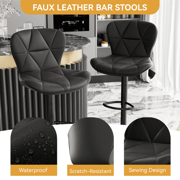 Bar Stools Set of 2, 2‑Pack Adjustable Height Counter Bar Stools, 360° Swivel PU Leather Bar Chairs with Backrest & Footrest for Kitchen Island, Home Bar
