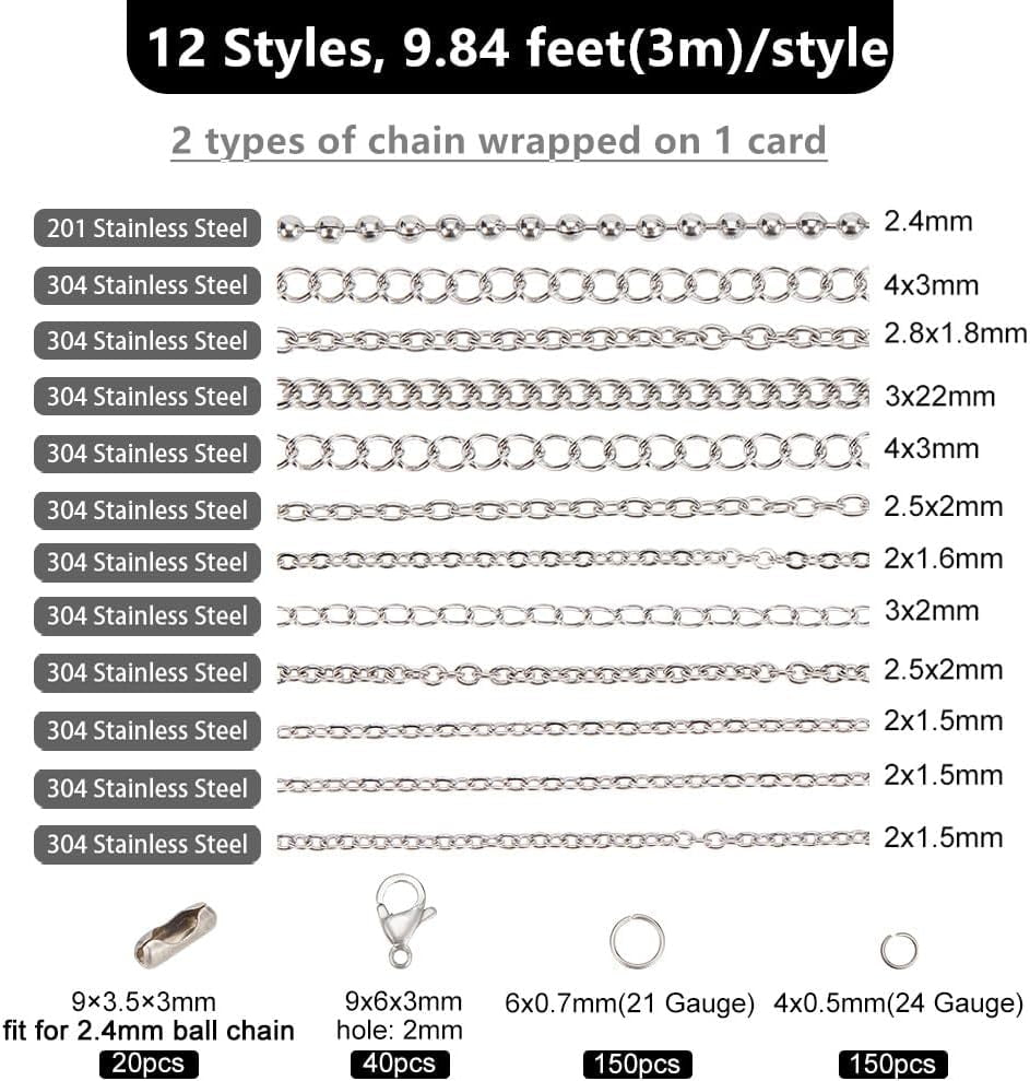 12 Styles 118 Feet Necklace Chains Stainless Steel Link Chain for DIY Craft Jewelry Making with 300pcs Jump Rings 40pcs Lobster Clasps 20pcs Chains Connectors Silver