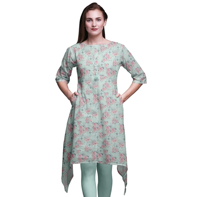 Bimba Hauts Imprimés Floraux Feuilles Vertes et Roses pour Femmes Kurti Asymétrique Robe d'Été pour Filles XXX-Large