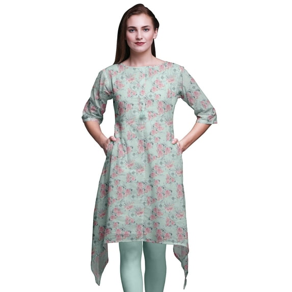 Bimba Green Leaves & Rose Floral Printed Asymmetrical Kurti Tops For Women Indian Summer Dress Tunic Small