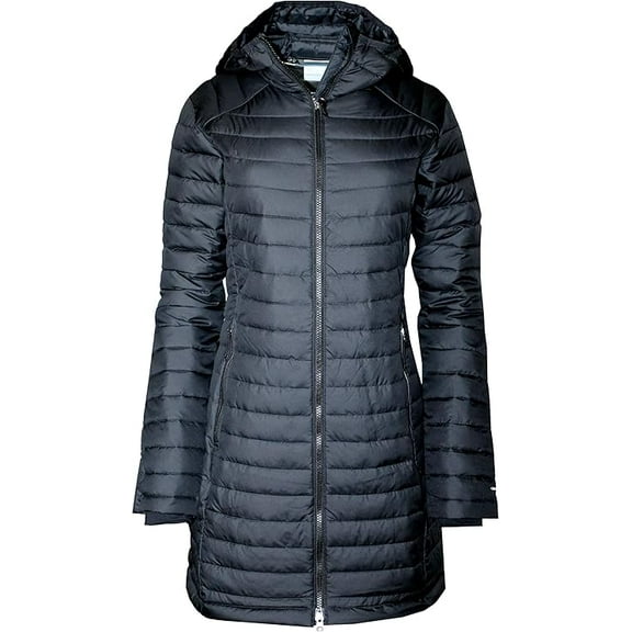 Columbia Women's White Out Mid Omni Heat Long Hooded Light Jacket Coat Puffer Plus/Regular (Black, M)
