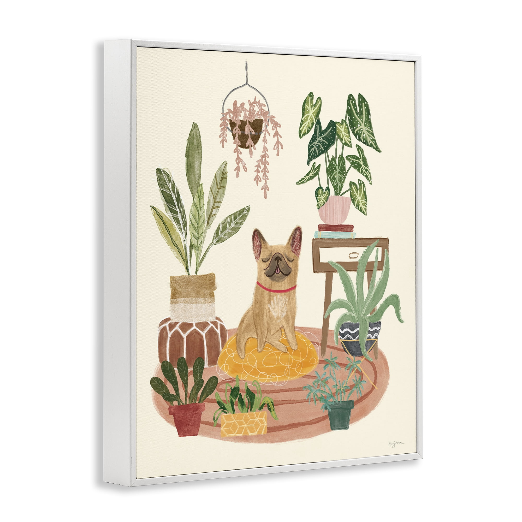 Stupell Industries Pug Dog with Plants Animals & Insects Painting White Framed Art Print Wall Art, 24 x 30