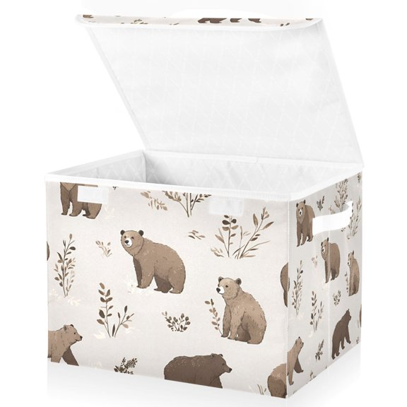Yayeee Collapsible Storage Bin with Lid Fabric Closet Decorative Basket with Handles, Light Gray Bears
