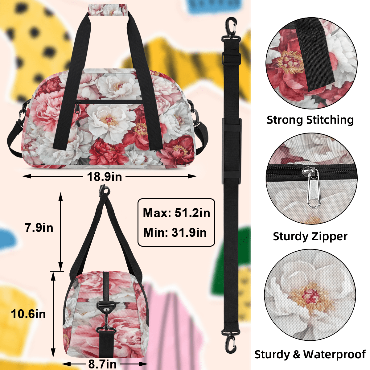 Herdesigns Flower Sports Duffle Bags Travel Duffle Bag Gym Bag Floral Weekender Travel Bag Waterproof Overnight Bag Carry On Travel Tote Bag Dance Bags