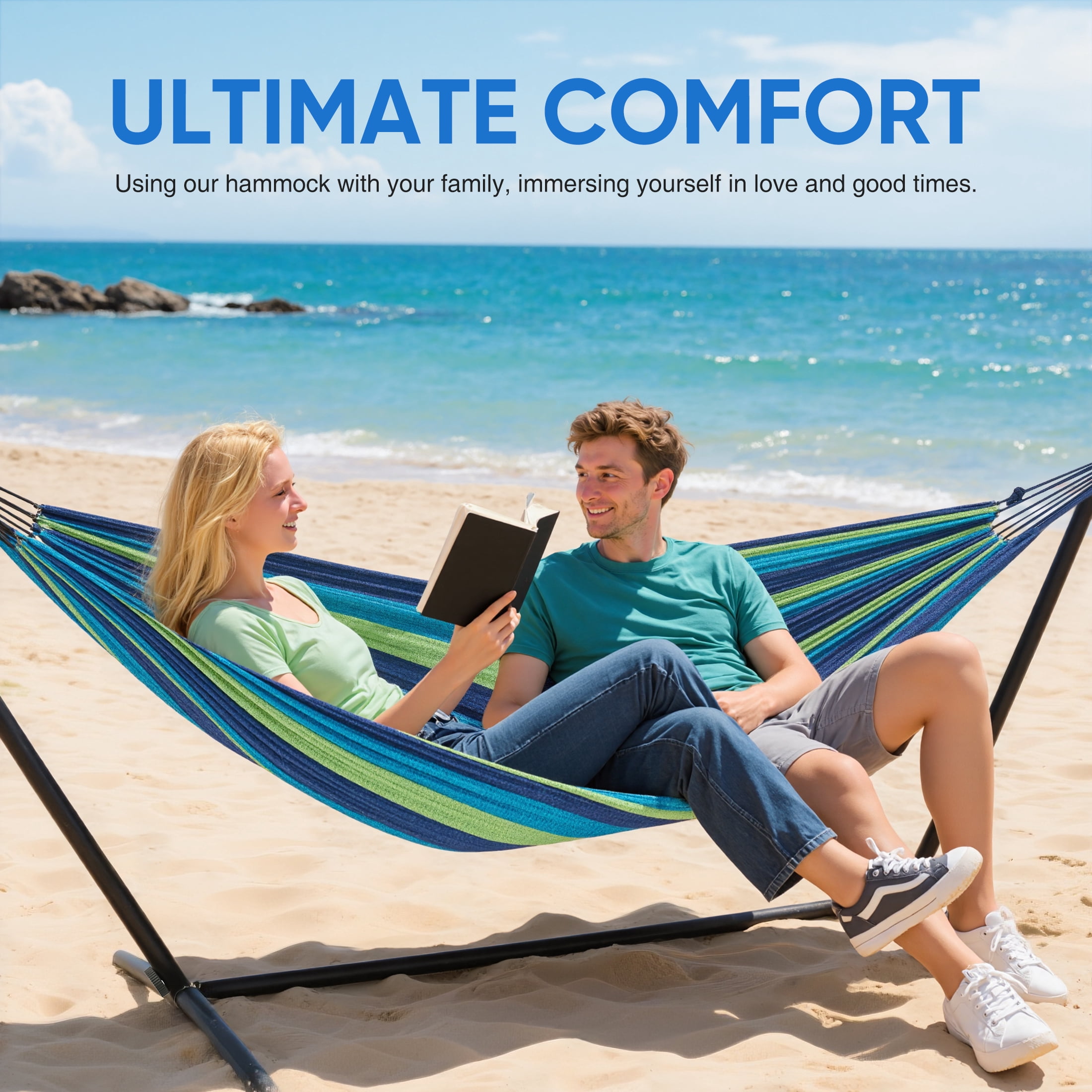 EDX Double Hammock with Space Saving Steel Stand, 2 Person Heavy Duty Outdoor 450lb Capacity Standing Hammocks, Upgraded Polyester End Strings, Portable Carrying Bag Included, Blue Green Stripes
