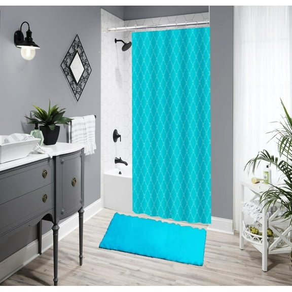 Bathroom Décor Bathtub Shower Curtain With 12 Hooks and Matching Bath Mat Rug Non Slip Super Soft Chenille Damask Turquoise 14 pieces