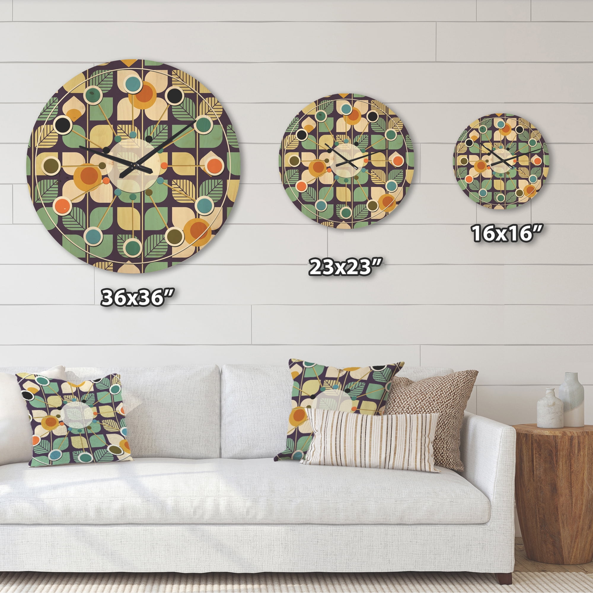 Designart 'Botanical Retro Pattern Design III' Mid-Century Modern Wood Wall Clock