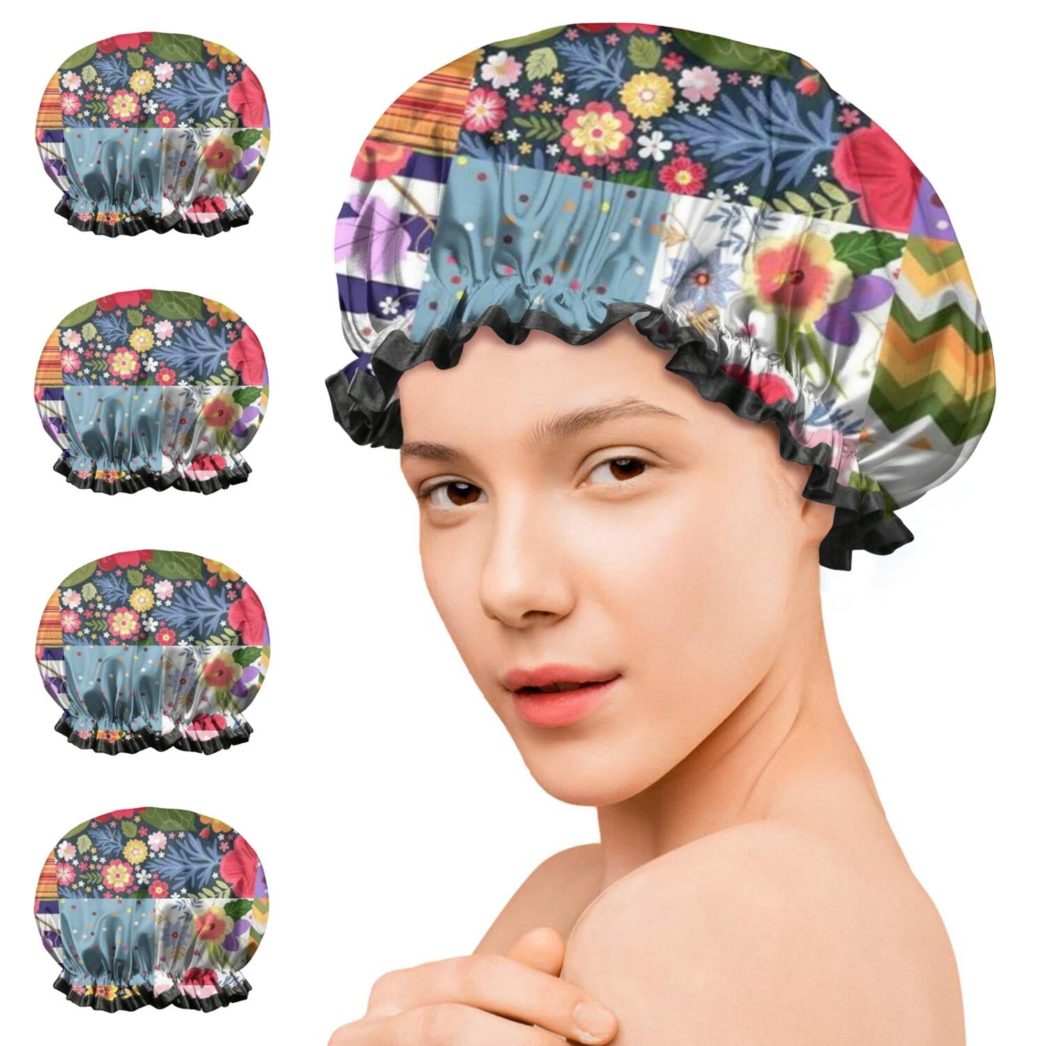 Shower Caps,Pioneer Flower Floral Print Pattern Waterproof Shower Cap for Women 4 Pieces,Double Reusable Hair Cover for Shower PEVA Elastic Stretch Hem