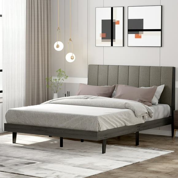 Costway Upholstered Tufted Bed Wood Platform Mattress Foundation Headboard Queen