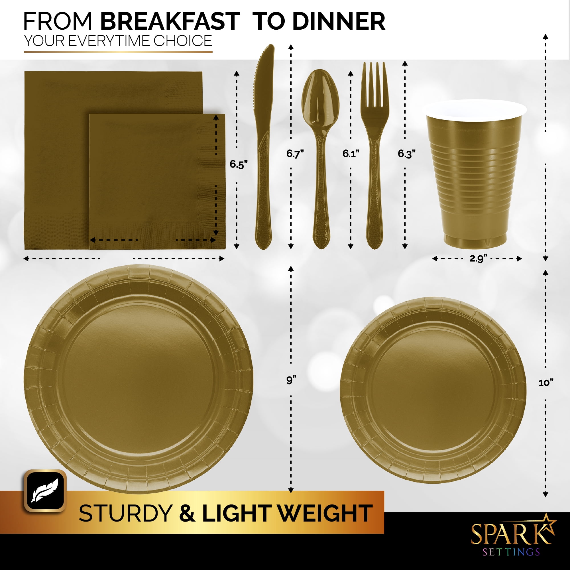 Gold Party Supplies Set Paper Plates Plastic Cups Forks Knives Spoons Napkins Tablecloth Serves 20 Guests Disposable Dinnerware Set of 222 Pieces, Complete Tableware for Party - By SparkSettings