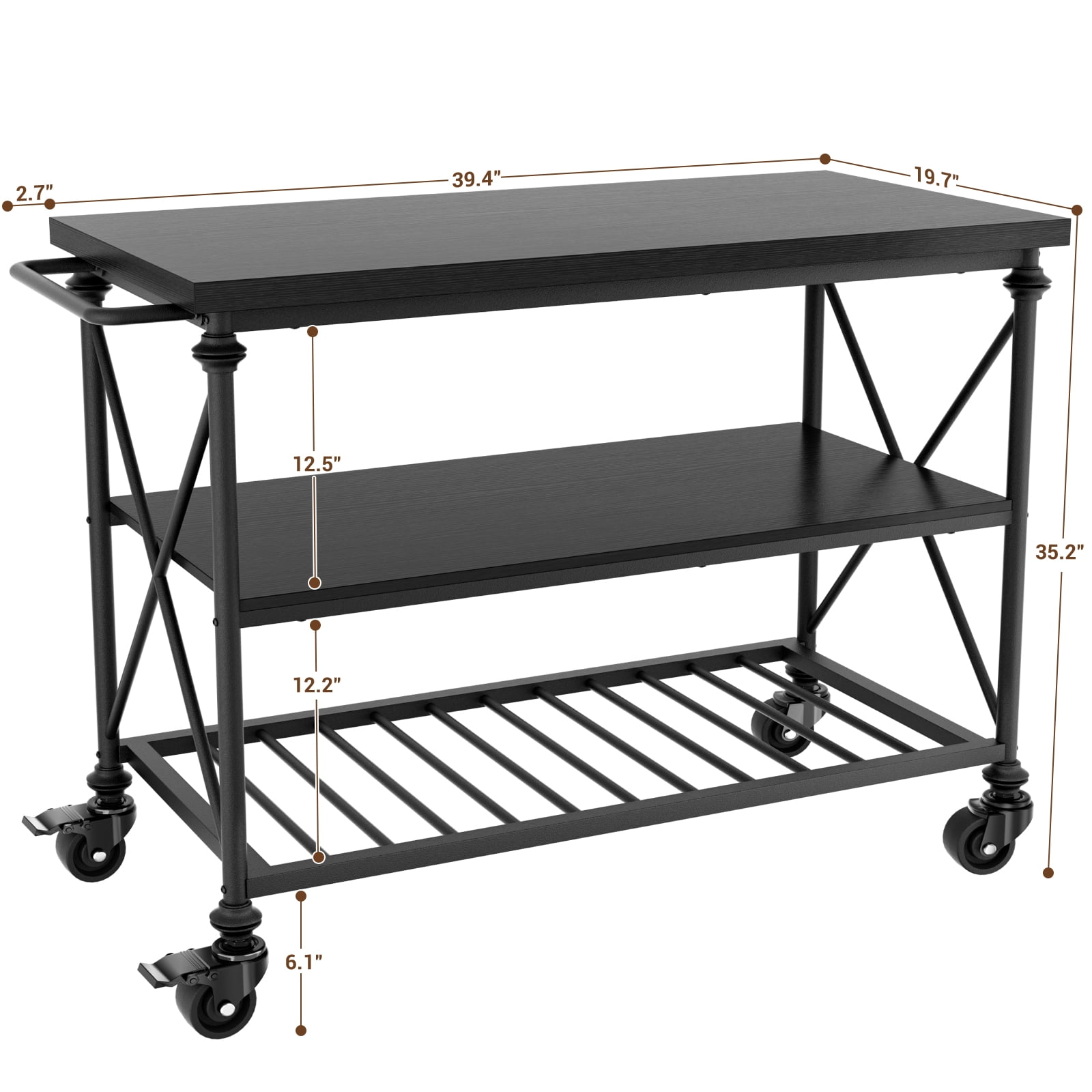 Homieasy Industrial Mobile Kitchen Island Cart with Wheels: 3-Tier Storage, Lockable Casters for Kitchen, Dining & Small Spaces,Black