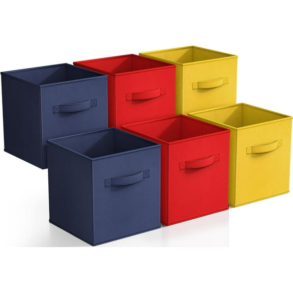 Sorbus 11" Foldable Storage Cubes - Set of 6 Fabric Bins with Handle - Yellow, Navy, Red