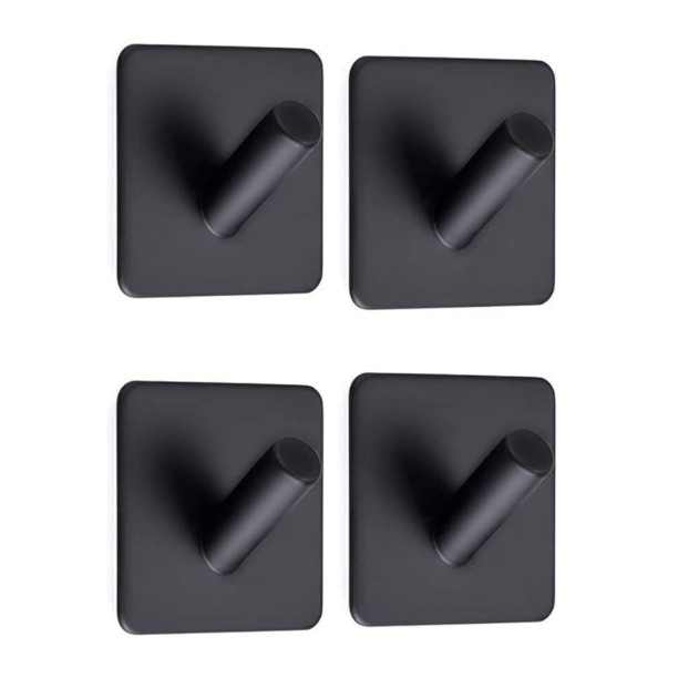 Gancho para toalla autoadhesivo de 4 uds, gancho para abrigo y sombrero de acero inoxidable negro para baño y cocina, gancho sin perforaciones, negro
