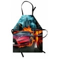 thumbnail image 1 of Cars Apron, Hot Red Concept Car in Blazing Tires Building and Birds Speeding Fast, Unisex Kitchen Bib with Adjustable Neck for Cooking Gardening, Adult Size, Orange Blau, by Ambesonne, 1 of 4