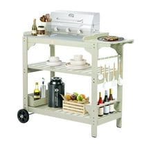Wooden Outdoor Grill Cart Table with Wheels, Metal Top for Kitchen Prep, Rolling cart with Side Handle, 2 Layers BBQ Prep Island