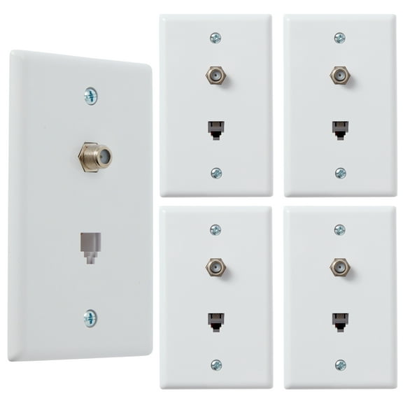 Newhouse Hardware Combo Phone/Video Jack Plate, Single Gang F-Type Coaxial TV Cable and 6P4C RJ11 Telephone Jack Wall Plate, White