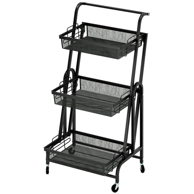 Limorve 3-Tier Foldable Storage Rack, Rotatable Metal Shelf with Casters & Mesh Baskets for Fruits & Vegetables