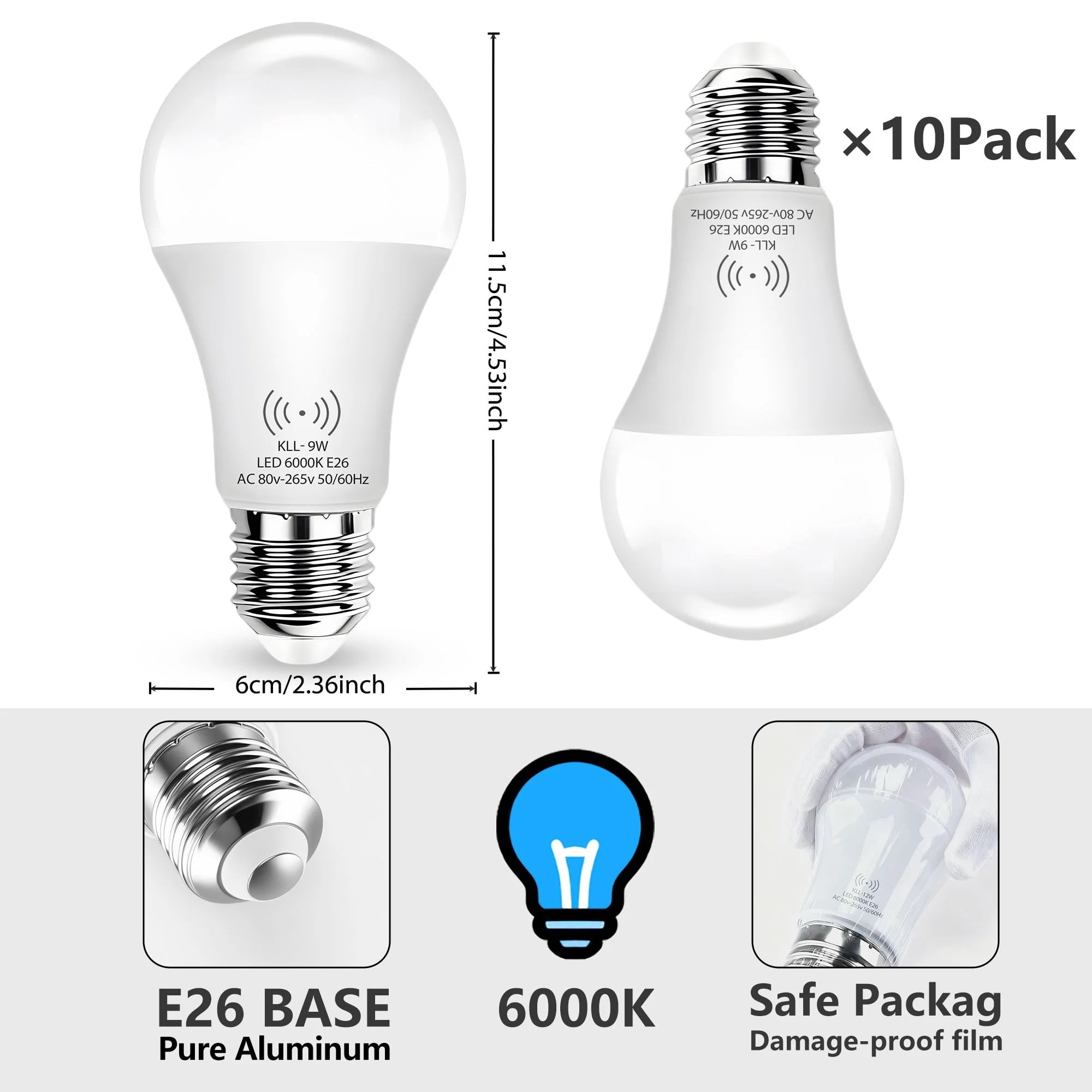 Kasotile A19 LED Motion Sensor Light Bulb (80W Equivalent) E26 LED Dusk to Dawn Lamp Bulb Cool White 10PK