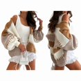 thumbnail image 2 of Women'S Contrasting Retro Cardigan Sweater, Loose V-Neck Lantern Sleeves, Thick Knit, Everyday Coat Khaki S, 2 of 9