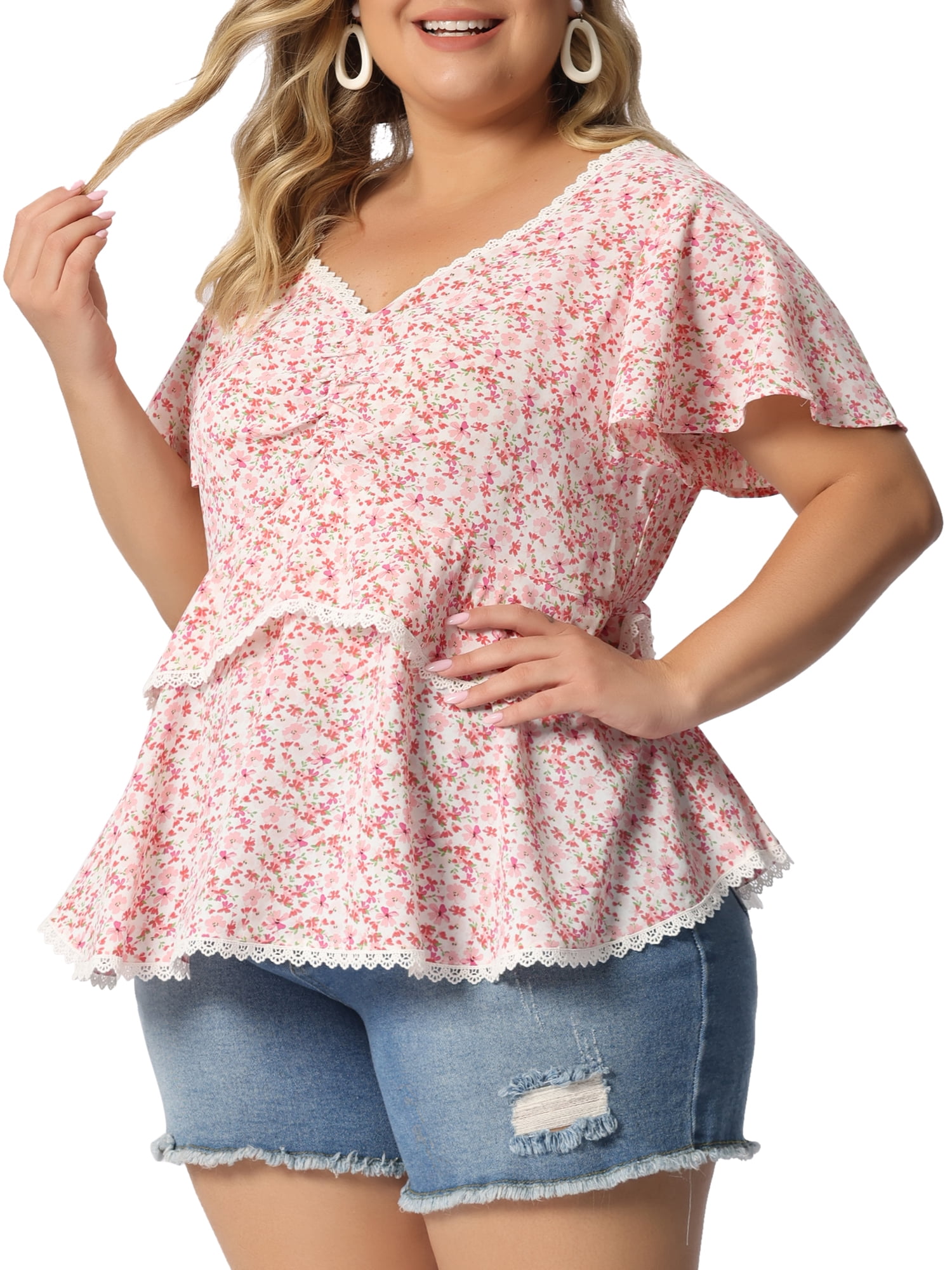 Unique Bargains Women's Plus Size Tiered Blouse Floral Babydoll Sweetheart Ruffle Top