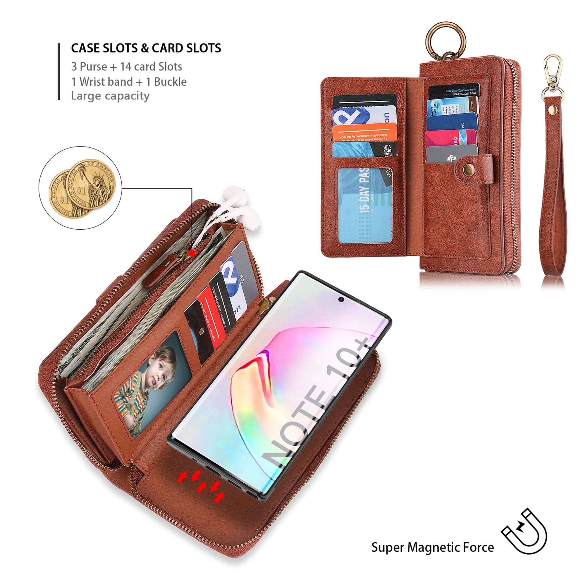 Samsung Galaxy Note 10 Plus Wallet Detachable Case, Dteck Zipper Purse Phone Case Multi-functional Folio Flip Leather Removable Magnetic Back Cover For Samsung Galaxy Note10+, Brown