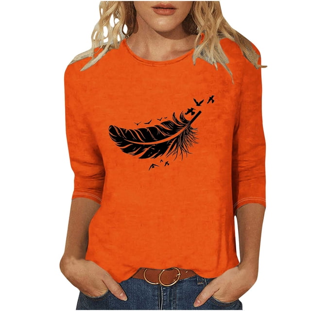Dadaria Tee Femmes Chemise Orange Manches 3/4 T-Shirt Col Rond Hauts Été Chandail Blouses 2TG