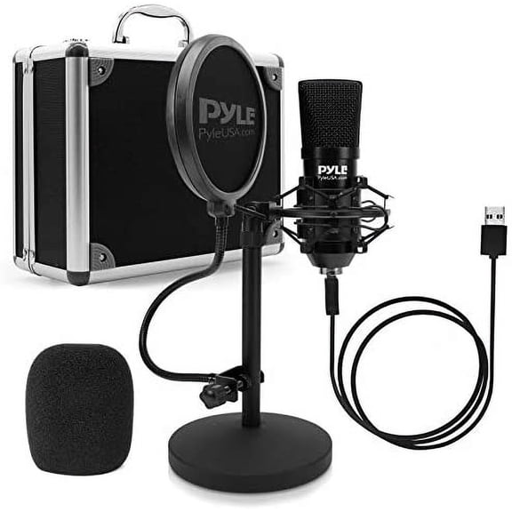Pyle USB Microphone Podcast Recording Kit Audio Cardioid Condenser Mic w/Desktop Stand & Pop Filter