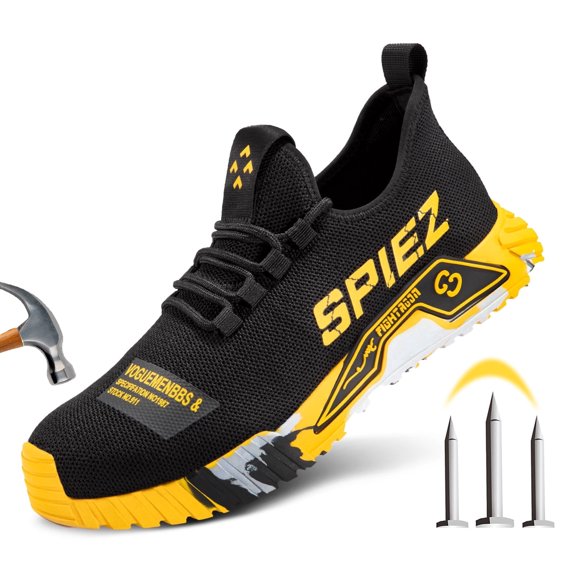 SPIEZ® Mens Steel Toe Work Shoes Slip On, Non-Slip Safety Sneakers with Kevlar Midsole, Breathable Lightweight for Warehouse Factory Construction– Black & Yellow, Size 10
