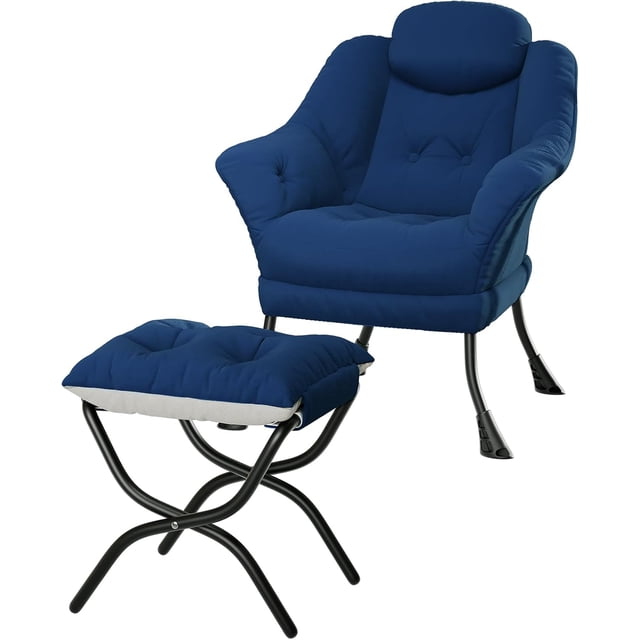 Blue lazy reading chair con ottoman, armrests, y a side pocket - perfect para small spaces