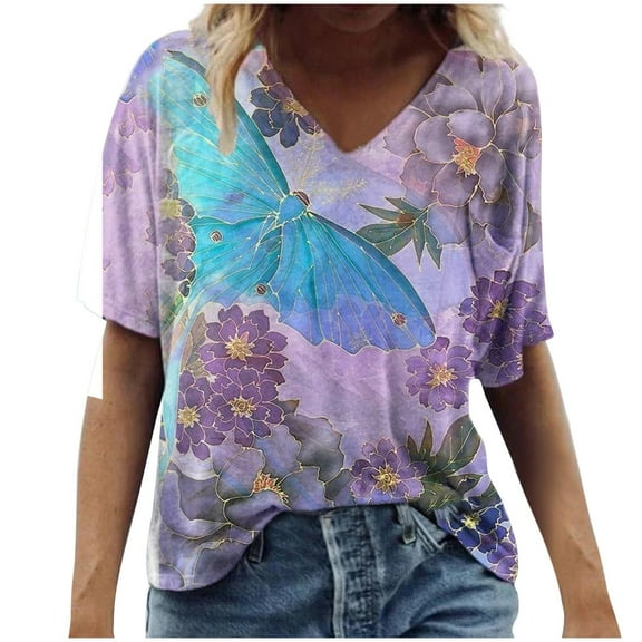 Giftesty Womens Plus Size Clearance Women's Fashion Casual Plus Size Scenic Flowers Printing V-Neck T-Shirt Tops