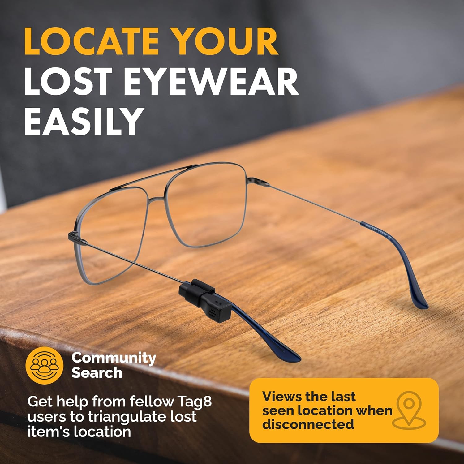 Spec Finder for Android | Dolphin Eyewear Tracker | tag8 Glasses Tracker Compatible with Android and Apple ioS | Prevents Loss with Configurable Separation Alarm | Compact Rechargeable Battery