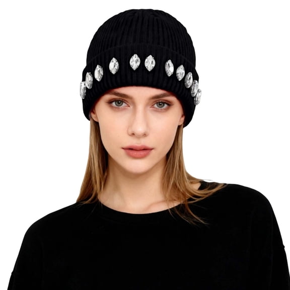 HNMKIU Unique Pearl Chain Rhinestone Knitted Ear Warmer Hat Versatile Warm for Cold Weather Winter Hats for Women 05_Black,One Size