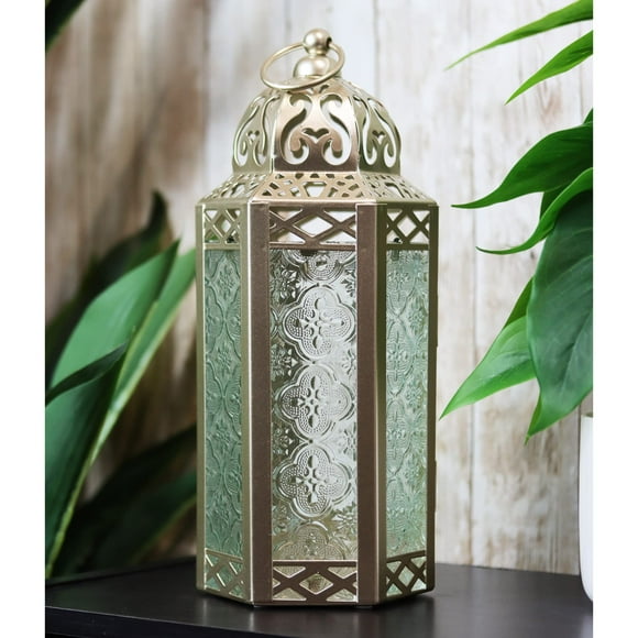 Vela Lanterns White Gold Moroccan Lamp Lantern Decorative Candle Holder for Indoor Outdoor Home Decor, Patio, Weddings, Clear Glass, Medium