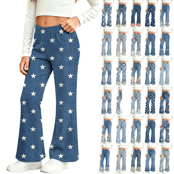 Yertdoel Girls Flare Jeans Elastic Waist Fashion Print Stretchy Denim Pants for 2-13 Years Girls Kids Casual Comfy Long Trousers