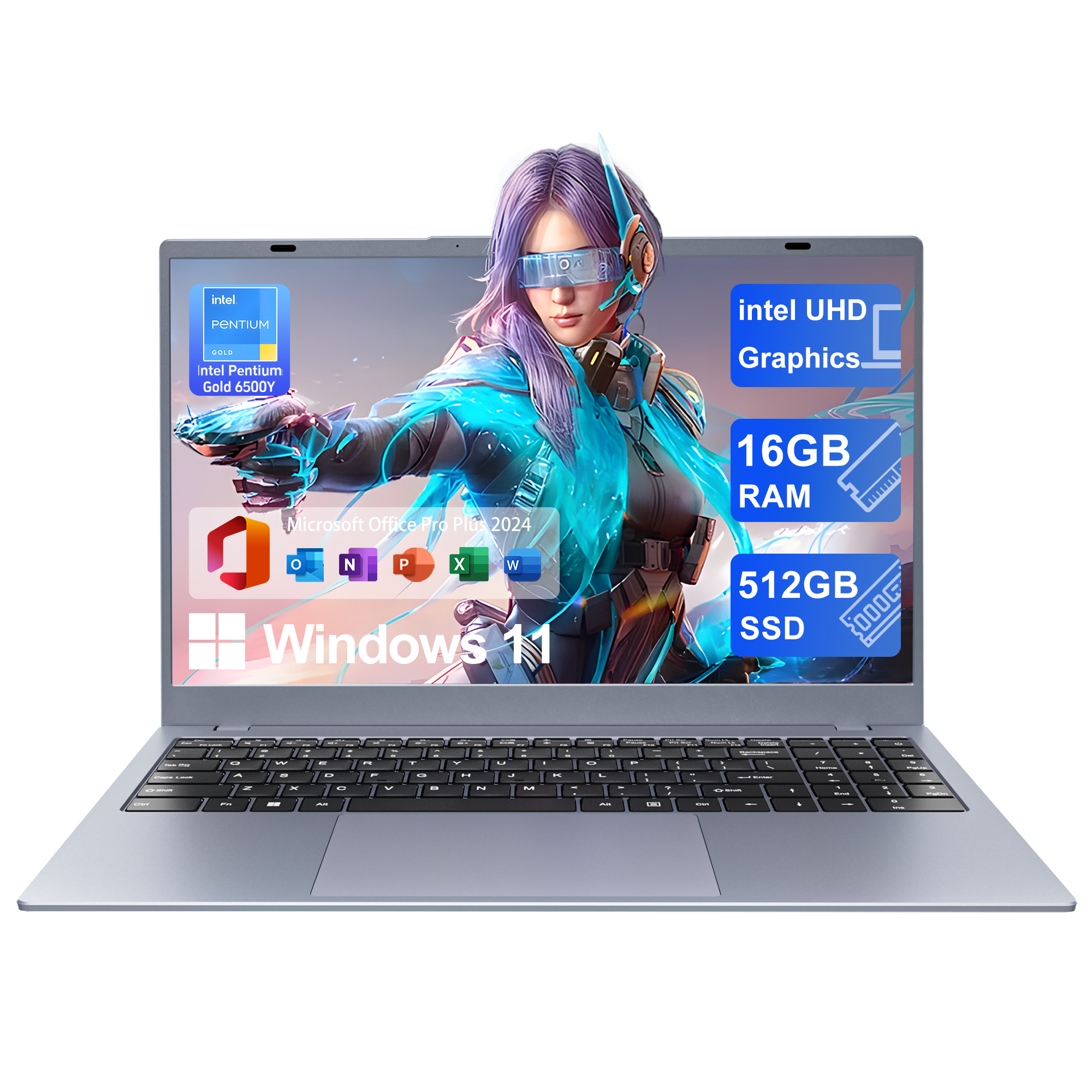RNRUO 15.6" Laptop with Windows 11, 16GB RAM 512GB SSD, FHD Screen Full Size Keyboard, Office 2024 Included, Portable Laptop for Students and Home Use, Silver