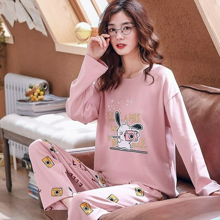 

QWZNDZGR Spring Autumn New Women s Pajamas Sets Long sleeved Cartoon Casual Pajamas Knitted Cotton Home Sleepwear Loungewear Set M-XXXL