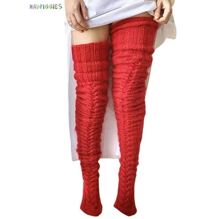 

BadPiggies Women Cable Knitted High Socks Extra Long Winter Warm Over The Knee Stockings Thigh High Boot Soft Leg Warmers (Red)