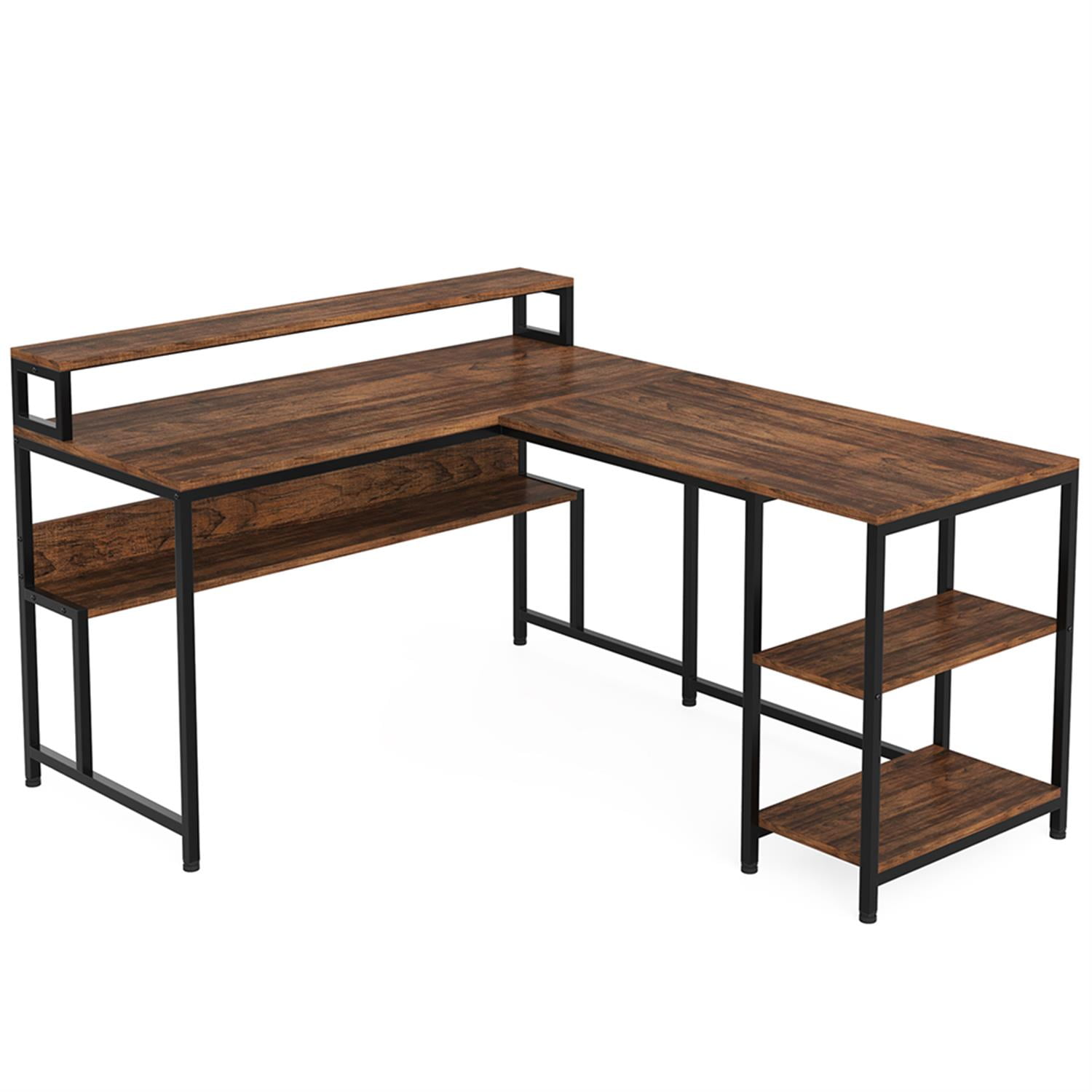 Demi Bonn 59" Computer Desk with Shelves & Monitor Stand, Reversible L-Shaped Gaming Desk, Industrial Work Desk for Home Office, Study, Living Room, Brown