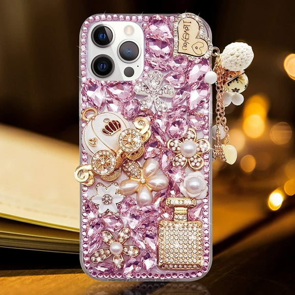 Compatible with iPhone 12 Pro Max Case Luxury Elegant 3D Bling Sparkly Crystal Diamond Perfume Bottle Pumpkin Car Iron Tower Pendant Handmade Pearl Flowers Soft Protective Case 6.7 inch Pink