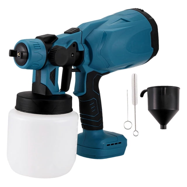 cordless electric tool portable household disinfection easy adjustbale knob paint sprayer for 18v battery photo color cordless paint sprayer with 1,000ml suction reservoir, 1.8mm nozzle and adjustable flow knob, ergonomic pistol grip with one-key switch, included funnel and two cleaning brushes shown on white background; often used for painting doors, walls, fences and furniture, suitable for small DIY projects.