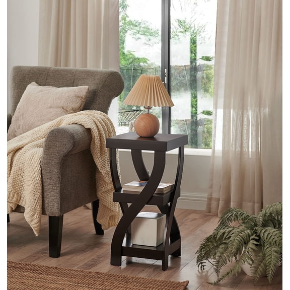 Kings Brand Furniture Lionel 3-Tier End Table, Twisted Wood Accent Side Table with Open Storage Shelves, Modern Narrow Nightstand for Living Room, Bedroom, Office or Entryway, Espresso